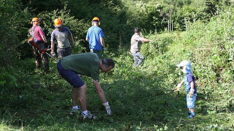 Dort, wo einmal der Spielplatz entstehen soll, entfernen die Mitglieder der Fördervereins schon einmal die Büsche.  Foto: Galster