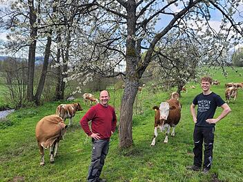 Winfried und Martin Schiffhauer mit ihren Tieren auf der Weide, die sich in der Melpertser Ortsmitte idyllisch an den Mühlbach schmiegt. Foto: Nadja Moalem