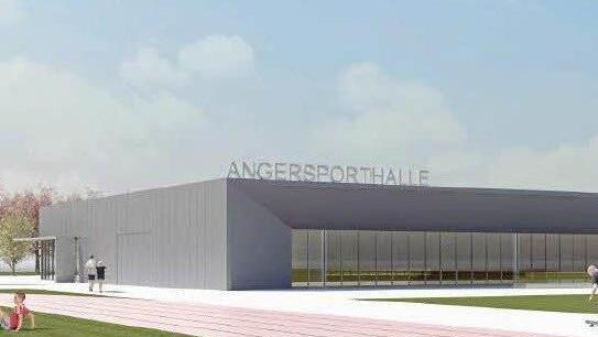 Die neue Halle wird zweigeschossig gebaut. Das Untergeschoss verschwindet komplett im Boden. Die Fassade öffnet sich nur an der Glasfront zum Ketschenanger.  Grafik: Stadt Coburg