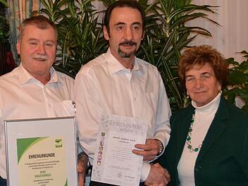 Hugo Karges ist neues Ehrenmitglied, Hubert Beck erhielt die Silberne Ehrennadel. Mit ihnen freut sich Kreisvorsitzende Irmgard Heinrich. Foto: Beatrix Lieb