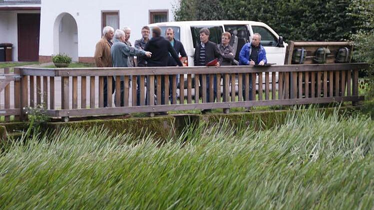 Durch den starken Schilfbewuchs kann das Regenrückhaltebecken in Oberschleichach seine Funktion nur eingeschränkt erfüllen. Der Bauausschuss machte sich am Donnerstag vor Ort ein Bild. Foto: sw