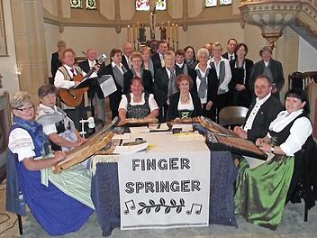 Die Akkordzither-Gruppe "Fingerspringer" mit (von links) Brigitte Brückner, Evi Hargens, Siggi Winkler, Christine Winkler, Renate Glaser, Heinrich Glaser und Veronika Petrat, sowie im Hintergrund der Kirchenchor Küps mit seiner Leiterin Hella Klumpp (rechts). Foto: Dieter Wolf