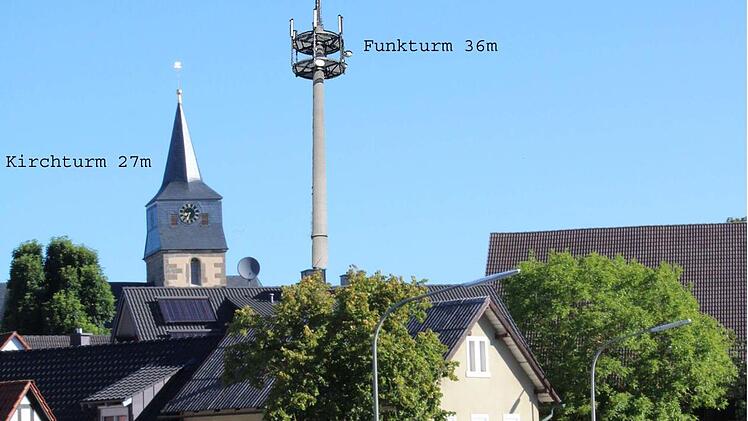 In Modschiedel soll ein Mobilfunkmast errichtet werden, der immerhin zehn Meter höher wäre als der Kirchturm. Dagegen regt sich massiver Widerstand.  Foto: Montage/privat