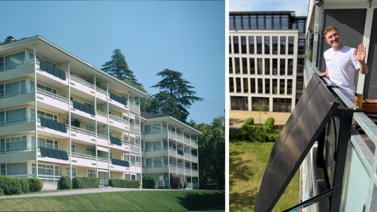 SolGenix Co-Gründer Deniz Demirci (rechts) ist selbst begeisterter Betreiber eines Sunshare-Balkonkraftwerks. Das Mietshaus auf der linken Seite zeigt, dass sich die ästhetischen Module harmonisch ins Bild einfügen.