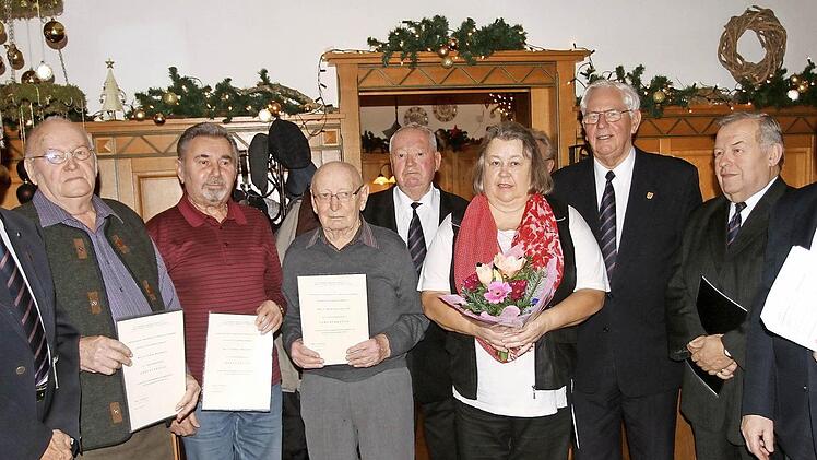 Die geehrten Mitglieder (von links): Richard Schätzlein, Franz Naumann, Albert Naumann, Andreas Ullrich, Manfred Richter, Irene Derra, Lorenz Dümpert, Siegfried Gerhard mit Vorsitzendem Reiner Sauer