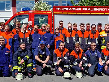 Die erfolgreichen Feuerwehrm&auml;nner und -Frauen zusammen mit Kreisbrandinspektor Ronald Geis (links au&szlig;en) und Kreisbrandmeister Klaus Preisend&ouml;rfer (vorn rechts).