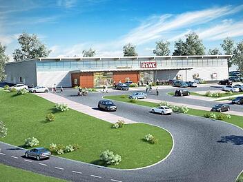 Der neue Rewe in Stadtsteinach soll direkt oberhalb des alten Rewemarktes gebaut werden. Für die verkehrstechnische Anbindung wird aus Richtung Zaubach eine Linksabbiegespur eingerichtet. Fotomontage: Planungsbüro Trio Bau