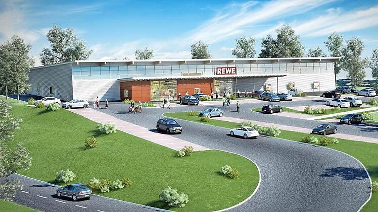 Der neue Rewe in Stadtsteinach soll direkt oberhalb des alten Rewemarktes gebaut werden. Für die verkehrstechnische Anbindung wird aus Richtung Zaubach eine Linksabbiegespur eingerichtet. Fotomontage: Planungsbüro Trio Bau