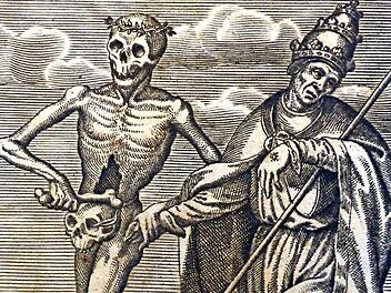 Auch die Papstwürde rettet nicht vor dem Tanz mit dem Tod. Kupferstich von Matthäus Merian (um 1649) nach dem Totentanz von Basel.  Foto: Christian Dijkstal