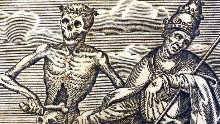 Auch die Papstwürde rettet nicht vor dem Tanz mit dem Tod. Kupferstich von Matthäus Merian (um 1649) nach dem Totentanz von Basel.  Foto: Christian Dijkstal