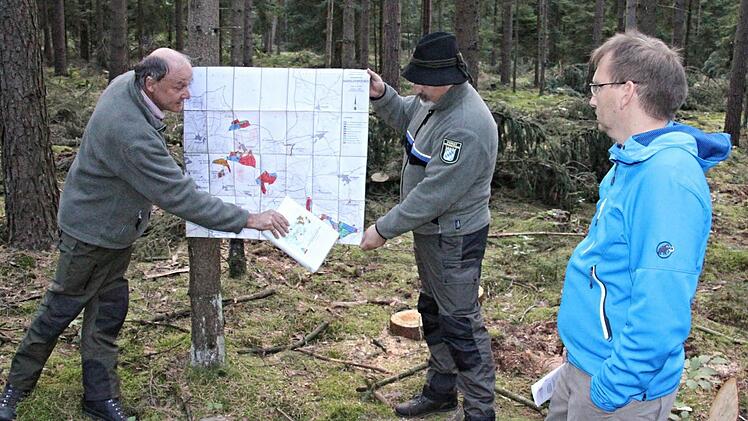 Der Plan mit den Wäldern der Marktgemeinde wurde vor den mündlichen Ausführungen von Wolfgang Meiners und Jürgen Hahn (von links) gezeigt. Bürgermeister Wolfram Thein ist aufmerksam dabei. Foto: Helmut Will