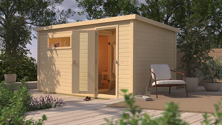 Die Outdoor Sauna Hytti 6 in naturbelassener Optik, du bekommst sie auch in terragrau.