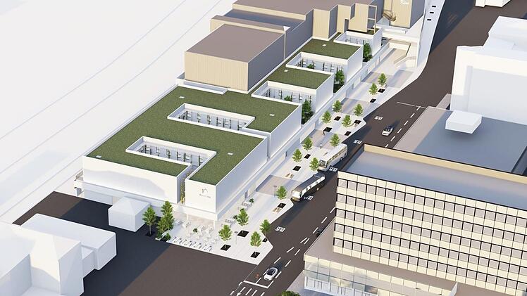 Vorplatz, Bäume, Innenhöfe und eine üppige Ausstattung mit begrünten Dächern: so soll das neue Atrium 2022 aussehen.   Visualisierung: Bornhofen