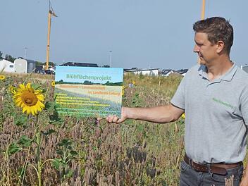 Andreas Sollmann zeigt eine Infotafel, die an den Blühflächen Interessierte aufklärt, warum dieser Acker schon ein bisschen wild aussieht.