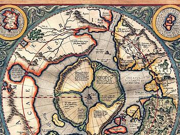 Mittelalterliche Pol-Darstellung von Gerhart Mercator mit einem Magnetfelsen im Zentrum und einer offenen Wasserfläche darum herum.