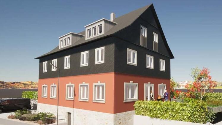 So soll das frühere Gasthaus Ende 2022 aussehen. Neben der Caritas sollen dort auch Bürger in vier Wohnungen einziehen. Fotomontage: Kersten Schöttner