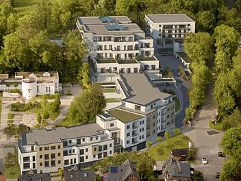 Die Arbeiten an den Bauabschnitten 3 (oben links) und 4 (das ehemalige Internat, oben rechts) des Bauprojekts Costbar werden voraussichtlich im März fortgesetzt.Visualisierung: Projekt Bauart