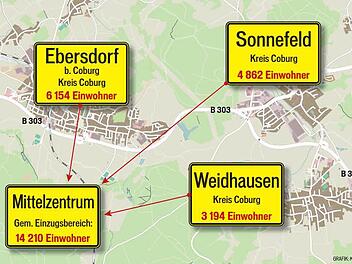 Ebersdorf, Sonnefeld und Weidhausen wollen gemeinsam als Mittelzentrum eingestuft werden.Grafik: Klaus Heim