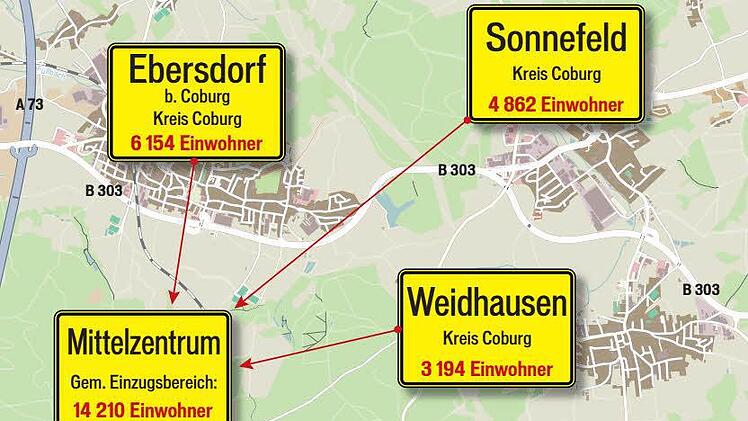 Ebersdorf, Sonnefeld und Weidhausen wollen gemeinsam als Mittelzentrum eingestuft werden.Grafik: Klaus Heim
