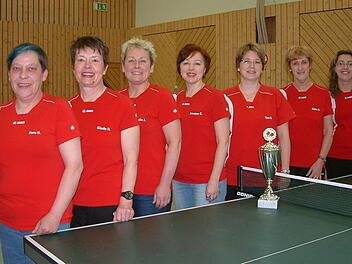 Souveräner Meister der 2. Bezirksliga Ost und damit Aufsteiger in die Oberfrankenliga wurden die Damen des TSV Teuschnitz mit (von links) Nora Neumann, Gisela Hable, Elke Jakob, Susanne Richter, Tina Köhler, Anita Beetz und Jessica Kürschner. Foto: Hans Franz