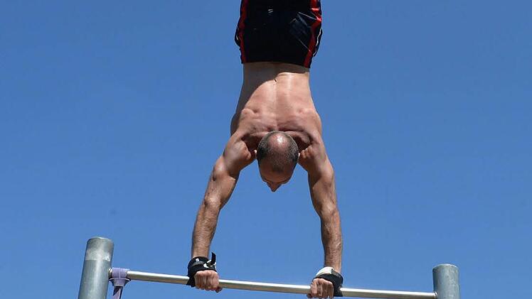 Die Mitglieder der "Calisthenics"-Gruppe Nürnberg trainieren am Pegnitzgrund.Foto: Ronald Rinklef