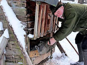 Waidmann Volker Kuhn ist im Jagdrevier unterwegs, um Futterstellen zu best&uuml;cken, damit das Wild im Winter eine entsprechende Nahrung erh&auml;lt, die es bei verschneiten und gefrorenem Boden nicht finden kann.