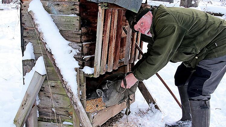 Waidmann Volker Kuhn ist im Jagdrevier unterwegs, um Futterstellen zu bestücken, damit das Wild im Winter eine entsprechende Nahrung erhält, die es bei verschneiten und gefrorenem Boden nicht finden kann.