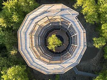 Spektakul&auml;r: die Aussichtsplattform des Baumwipfelpfades bei Ebrach von oben Foto: p