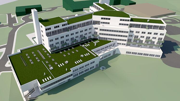 So stellen sich die Planer des städtebaulichen Wettbewerbs das umgebaute alte Klinikumgebäude vor: Über dem Kellergeschoss mit zweistöckiger Garage entstehen Büroräume und ganz oben attraktive Lofts mit Blick aufs Maintal oder auf die Wälder der Umgebung. Grafik: Landratsamt Lichtenfels