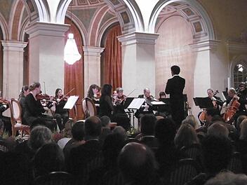 Das Bayerische Kammerorchester Bad Brückenau in Aktion. Immer wieder kommen hervorragende Solisten nach Brückenau, am Samstagabend war es der Kontrabassist Michinori Bunya. Foto: Regina Rinke