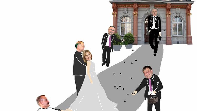 Der Stand der Dinge aus Sicht der Tageblatt-Redaktion: OB Norbert Tessmer (CSU) ist bereit, mit der CSU in Gestalt von Birgit Weber und dem Brautführer Jürgen Oehm eine politische Zweckehe einzugehen. Doch hinten zerrt der bisherige CSU-Fraktionsvorsitzende Hans-Herbert Hartan an Webers Schleier, und vorne streuen Christian Müller (CSB) und Jürgen Heeb (Wählergemeinschaft Pro Coburg) hinderliche Reißzwecken.Grafik: Susanne Röhrig