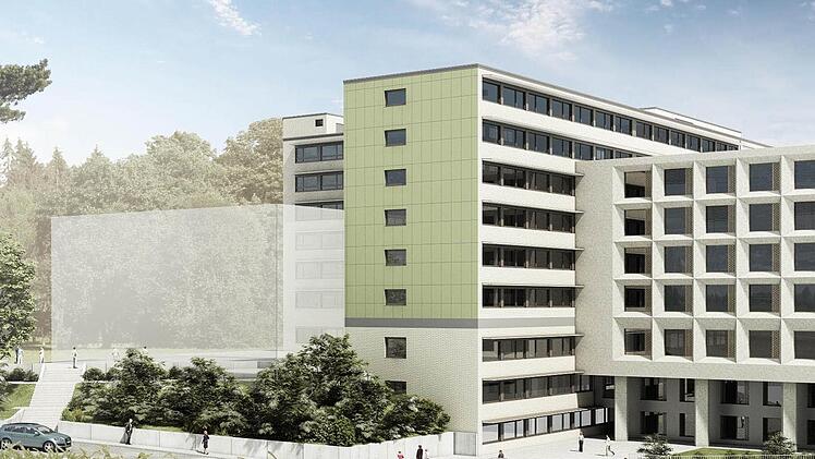 Der hell markierte Kubus (links) auf dem bisherigen Vorplatz stellt symbolisch den Interimsbau dar, in dem unter anderem 90 Patientenbetten Platz finden. Foto: Klinikum