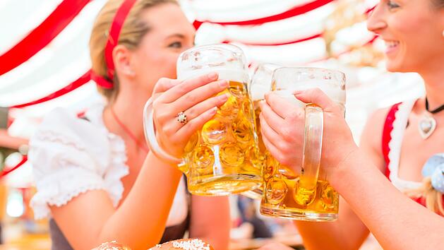 Friends drinking together Bavarian beer in national costume or Dirndl on Oktoberfest Freundinnen trinken zusammen Bier im Bayrischen Dirndl auf Volksfest  von Festzelt, Zelt, Bier