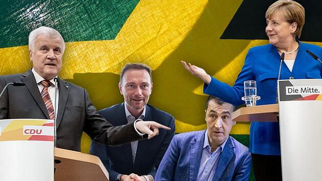 Horst Seehofer, Christian Lindner, Cem &Ouml;zdemir und Angela Merkel (v. l.) versuchen sich ab heute an der Regierungsbildung. Fotos: dpa, Montage: M. Haller