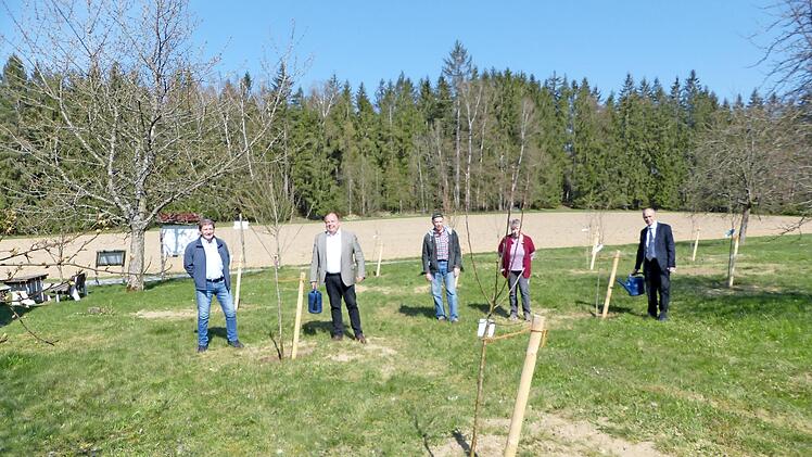Gemeinsam gossen (von links) Heinrich Weiß, Werner Burger, Ivan Arseney, Ingrid Tittel und Franz Uome die neugepflanzten Obstbäume an.