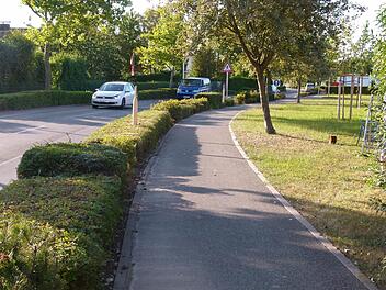 Die Hecke und der Grünstreifen zwischen dem Gehweg und der Lauterer Straße werden nach einem Beschluss des Gemeinderates nicht einem breiteren Radweg geopfert. Foto: Doris Weidner