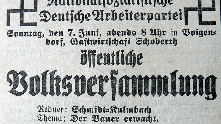Anzeige der NSDAP-Ortsgruppe Wüstenstein im Wiesent-Boten vom 05.06.1931 (mit Hakenkreuz in falscher Drehung!) Repro: Franze