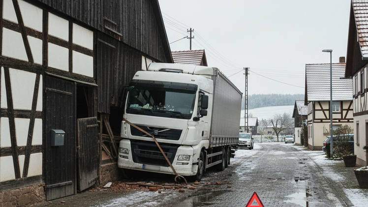 Unfall: Laster kracht in Scheune