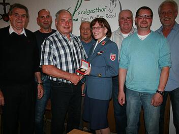Diözesanoberin Martina Mirus (vorne, Mitte) zeichnet Norbert Straub mit der Malteser-Verdienstplakette aus. Geehrt wurden zudem Otto Schlereth (von links), Torsten Schoch, Lothar Straub, Walter Straub, Kurt Schreiner und Winfried Wegemer. Foto: Gabriele Sell