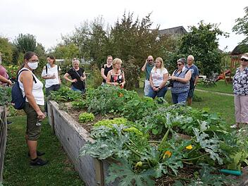 Die Studierenden informierten sich im Garten von Elisabeth Damm in Oberstreu über  die Aufgaben einer Gartenbäuerin. Foto: Marion Eckert