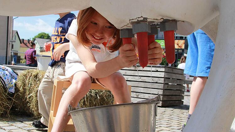 Die Kuh "Rosa" am Stand von Anja Wagenbrenner ist der Hit bei den Kindern. Nicht nur weil ihre "Milch" an dem warmen Vormittag für Abkühlung sorgt. "Die Kinder sind sehr interessiert", sagt die Bäuerin. Hannah übt schon einmal den richtigen Griff. Foto: Carmen Schmitt