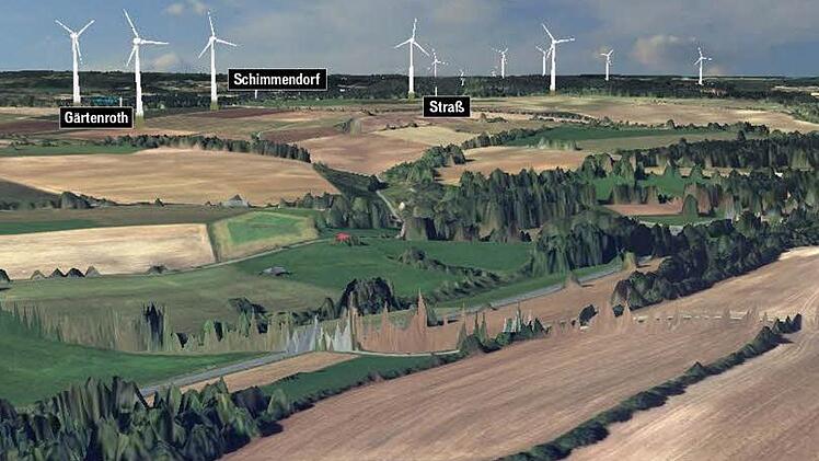 So könnte die Kirchleuser Platte einmal aussehen, wenn die Windkraftpläne in die Tat umgesetzt werden. Es geht um sieben 200 Meter hohe Anlagen in den Vorranggebieten Schimmendorf Nord und Schimmendorf Nord-Ost sowie fünf im Windpark Hain (Gemeinde Küps). Die Grafik, erstellt von Windkraftgegnern, zeigt die Blickrichtung vom Stennesberg bei Kirchleus nach Westen, die Betrachterposition ist 150 Meter über Grund. Repro: BR