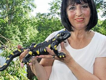 Hermanita Espig zeigt den 3-D-Ausdruck eines Feuersalamanders. Dieser Lurch aus keramischem Material soll in Zukunft auf dem Stadtsteinacher Marktplatz die Touristen begrüßen. Foto: Sonny Adam