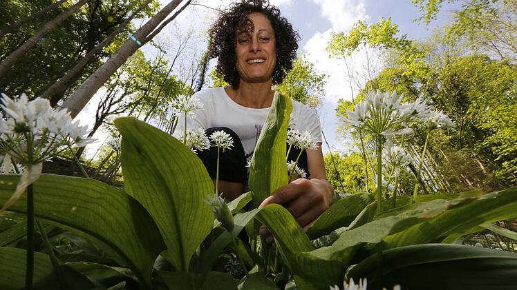 Andrea Bayer betrachtet eine Bärlauchpflanze.  Foto: Matthias Hoch