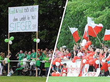 Für prächtige Stimmung sorgten in Rannungen die Fans der DJK Weichtungen (links) und der TSVgg Hausen. Jetzt warten alle Beteiligten auf den zweiten Teil des Showdowns. Dann hoffentlich frei von allen Wetter-Kapriolen. Foto: Hopf (Foto-Montage Tscho)