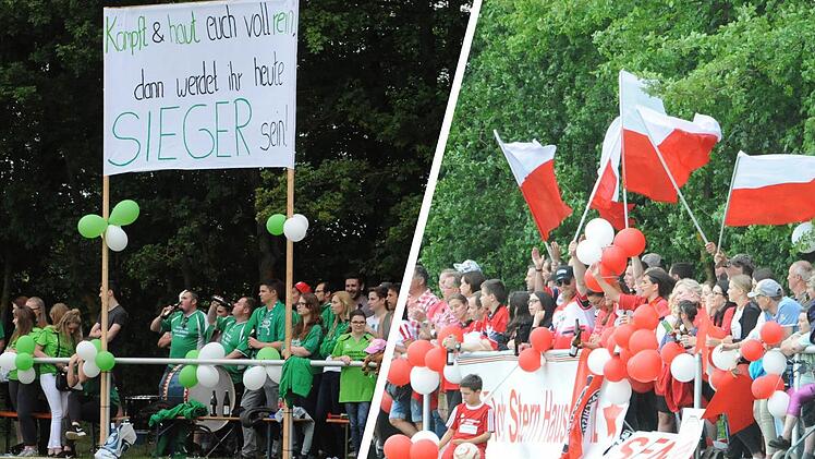 Für prächtige Stimmung sorgten in Rannungen die Fans der DJK Weichtungen (links) und der TSVgg Hausen. Jetzt warten alle Beteiligten auf den zweiten Teil des Showdowns. Dann hoffentlich frei von allen Wetter-Kapriolen. Foto: Hopf (Foto-Montage Tscho)