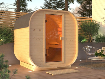 Das Karibu Saunahaus Fasssauna Quadro 1 von mein-saunashop.de nimmt an der Geschenkaktion teil - du erh&auml;ltst gratis zum Kauf einen Bio-Kombiofen inkl. Steuerger&auml;t und Steinen.