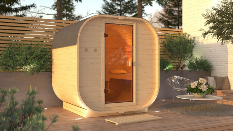 Das Karibu Saunahaus Fasssauna Quadro 1 von mein-saunashop.de nimmt an der Geschenkaktion teil - du erh&auml;ltst gratis zum Kauf einen Bio-Kombiofen inkl. Steuerger&auml;t.