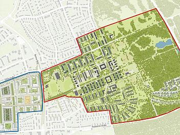 Zwei Architekturbüros teilen sich die Beplanung des Konversionsgeländes. Pesch und Partner aus Stuttgart im Westen, Morpho-Logic aus München im Osten. Grafik: Klaus Heim