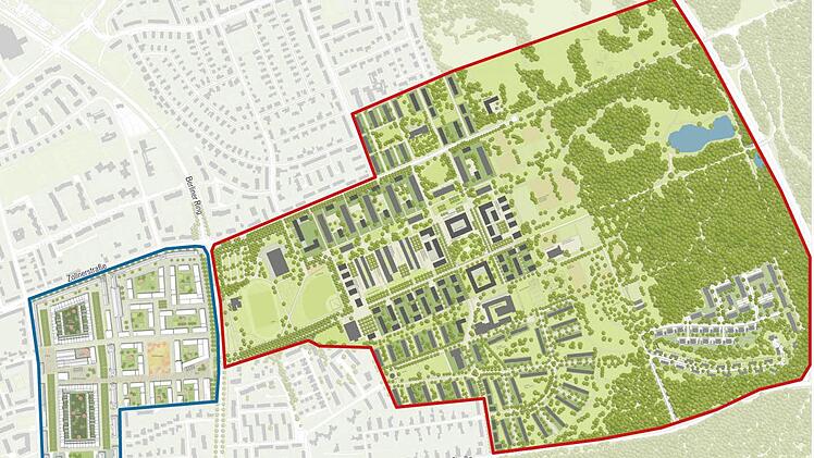 Zwei Architekturbüros teilen sich die Beplanung des Konversionsgeländes. Pesch und Partner aus Stuttgart im Westen, Morpho-Logic aus München im Osten. Grafik: Klaus Heim